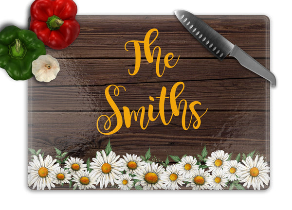 Daisies Below Personalized Glass Cutting Board