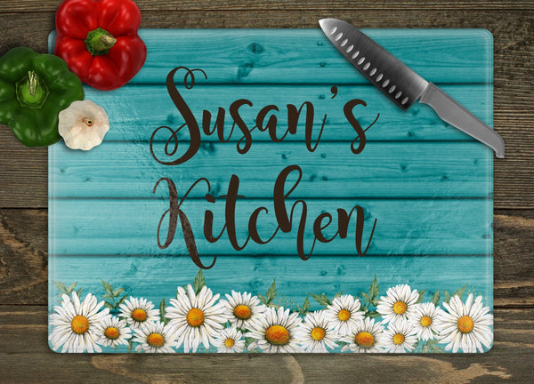 Daisies Below Personalized Glass Cutting Board