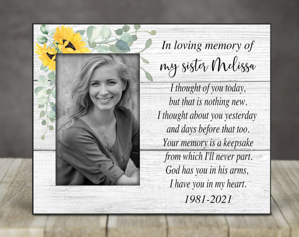 Sunflower Memorial Photo Frame- I Thought of You Today Poem, Memorial For Loved One, Funeral Gift