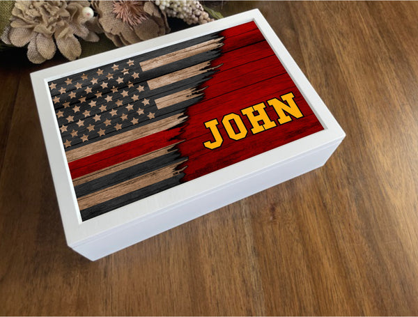 Personalized Thin Red Line Flag Keepsake Box - Gift for Firefighter, Gift for Husband or Wife, Bedside Table Decor