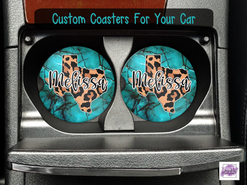 Personalized Leopard Print State Car Coasters - Birthday Gift Her, Mother's Day Gift