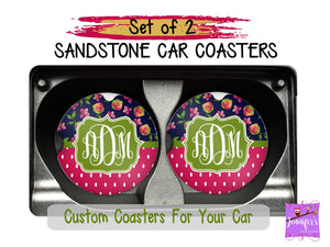 Dots and Flowers Monogrammed Car Coaster