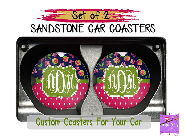 Dots and Flowers Monogrammed Car Coaster