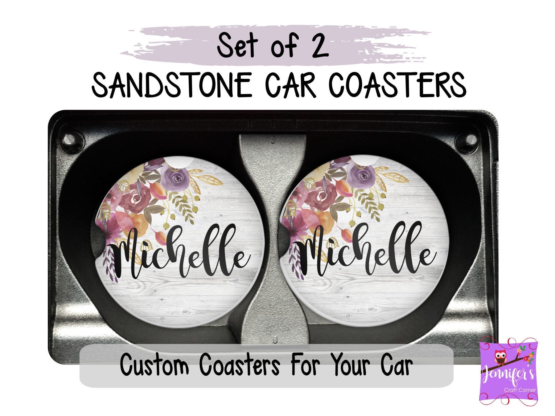 Floral Personalized Car Coaster Set