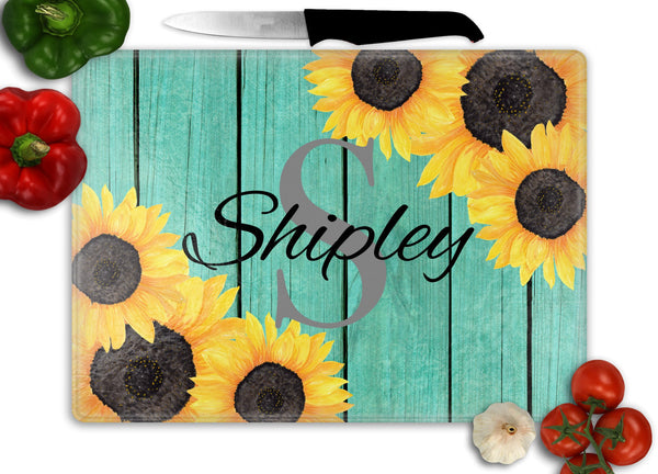 Sunflower Personalized with Initial Glass Cutting Board