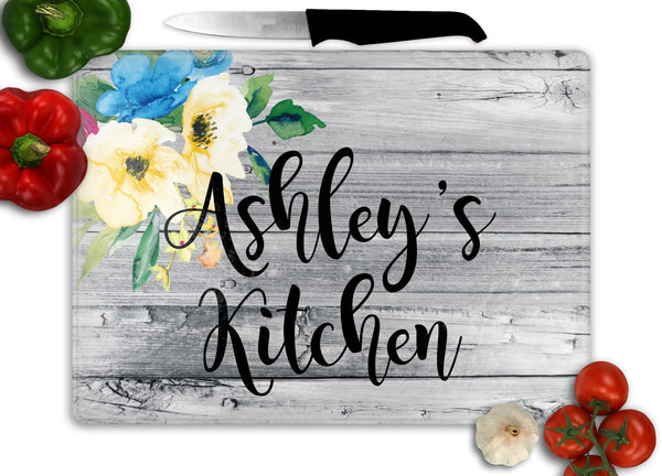 Kitchen with Flowers Corner Personalized Glass Cutting Board