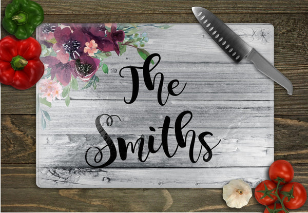 Kitchen with Flowers Corner Personalized Glass Cutting Board