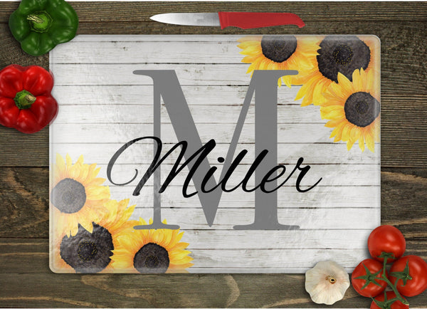 Sunflower Personalized with Initial Glass Cutting Board
