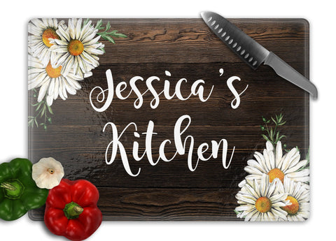 Kitchen with Sunflowers Personalized Glass Cutting Board