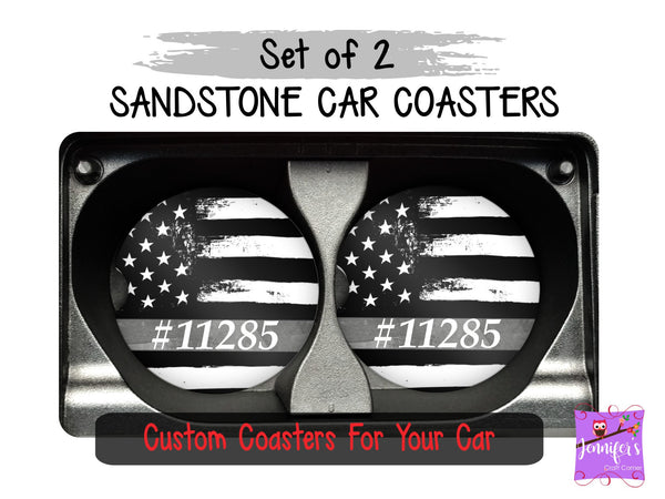 American Flag B & W Personalized Car Coaster Set
