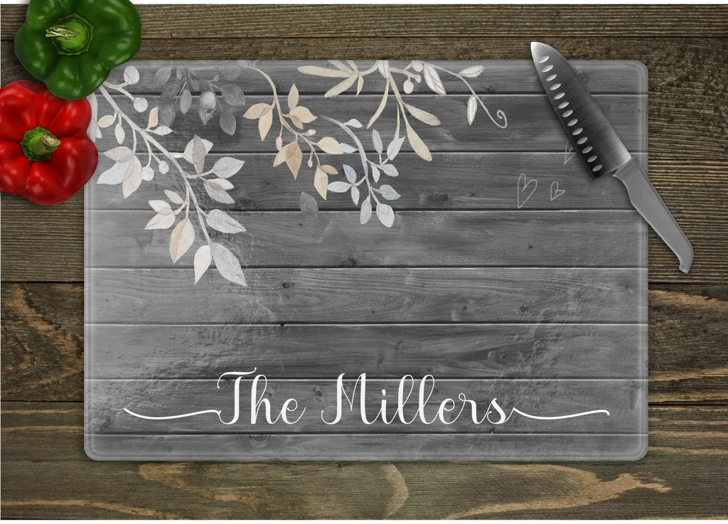 Personalized White Barn Wood Font 1 Design Tempered Glass Cutting Board