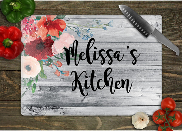 Kitchen with Flowers Corner Personalized Glass Cutting Board