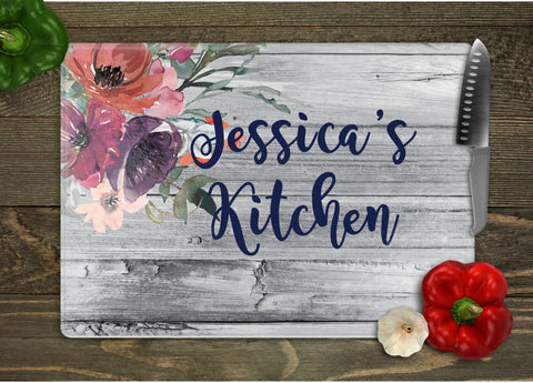 Kitchen with Flowers Corner Personalized Glass Cutting Board