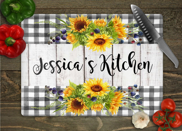 Sunflower Checkerboard Personalized Glass Cutting Board