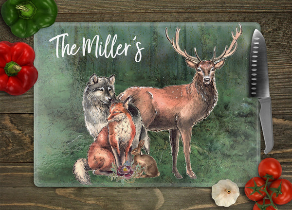 Forest Animals Personalized Glass Cutting Board