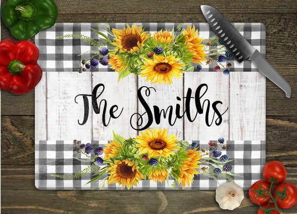 Sunflower Checkerboard Personalized Glass Cutting Board