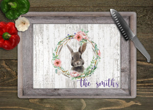 Bunny in Wreath Personalized Glass Cutting Board