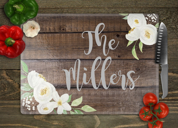 White Flowers Personalized Glass Cutting Board