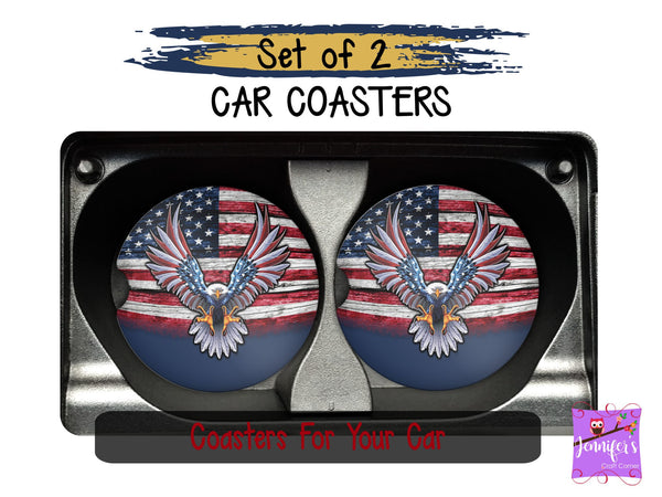 American Flag With Eagle Car Coaster Set