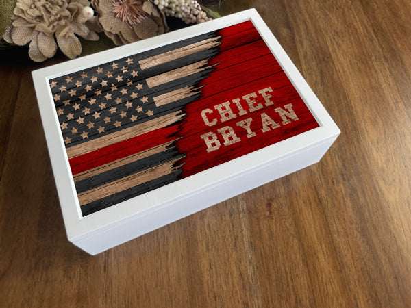 Personalized Thin Red Line Flag Keepsake Box - Gift for Firefighter, Gift for Husband or Wife, Bedside Table Decor